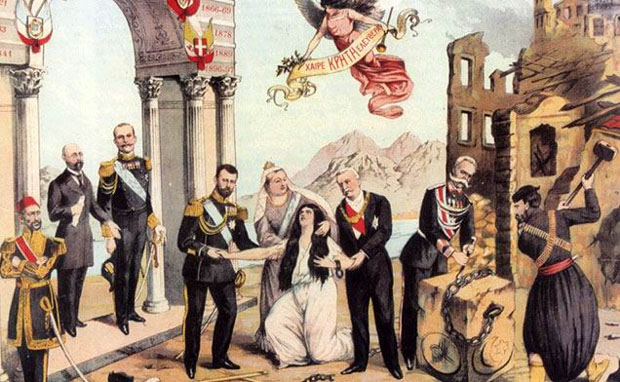 Λιθογραφία τον 1898, με τίτλο: «Η ανάστασις της Κρήτης». Εικονίζονται από αριστερά: Ο σουλτάνος Αβδούλ Χαμίτ, ο Πρόεδρος του Εκτελεστικού Κρήτης Ιωάννης Σφακιανάκης, ο βασιλιάς Γεώργιος Α ', ο τσάρος της Ρωσίας Νικόλαος Β , η βασίλισσα Βικτωρία της Αγγλίας, η Κρήτη, ο Πρόεδρος της Γαλλικής Δημοκρατίας Φέλιξ Φωρ, ο βασιλιάς της Ιταλίας Ουμβέρτος και ο λαός της Κρήτης που συντρίβει τις αλυσίδες της τουρκικής σκλαβιάς. (Εθνικό Ιστορικό Μουσείο)
